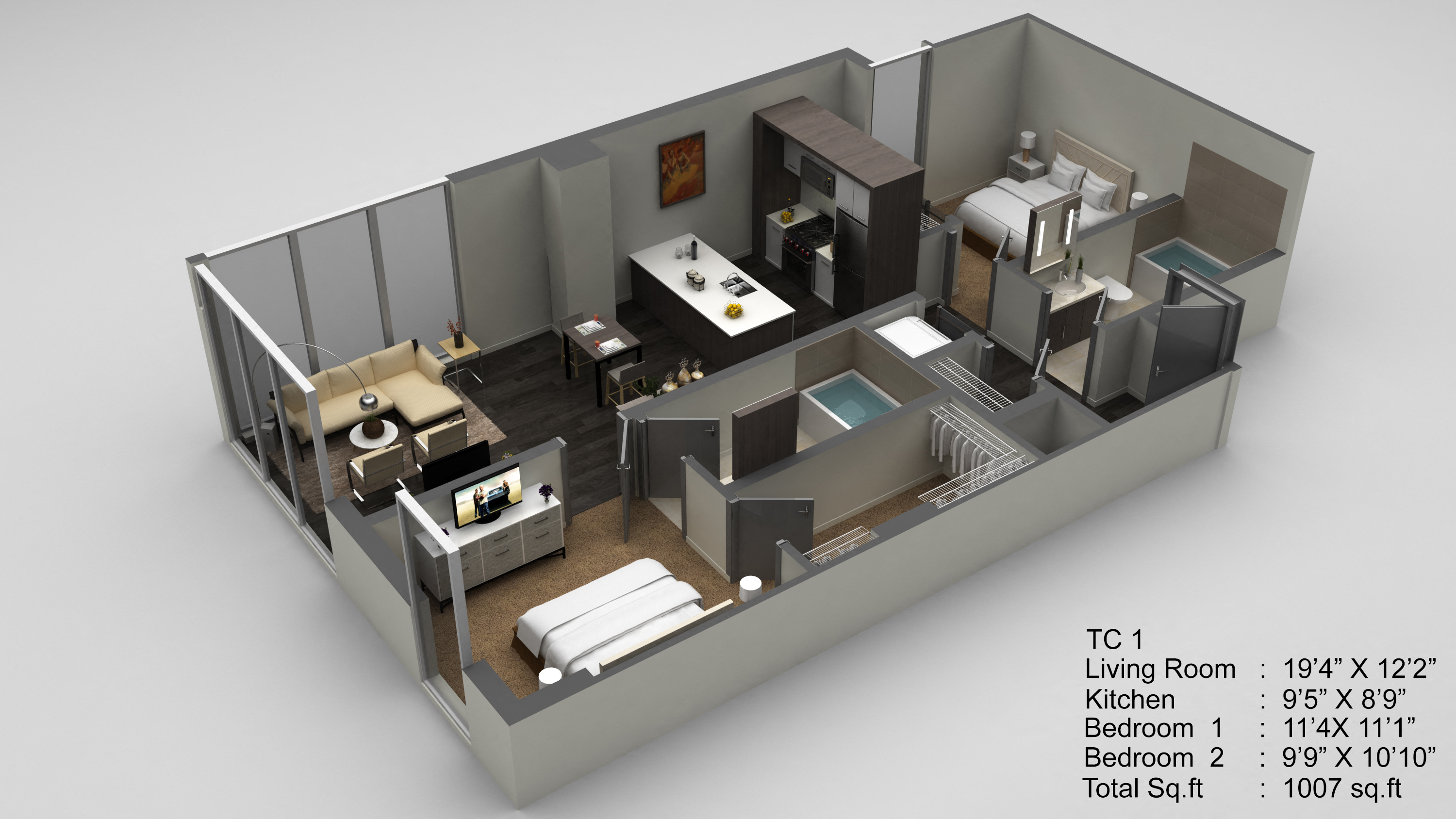 Floor plan for 2 beds, 2 baths, 1007 sqft